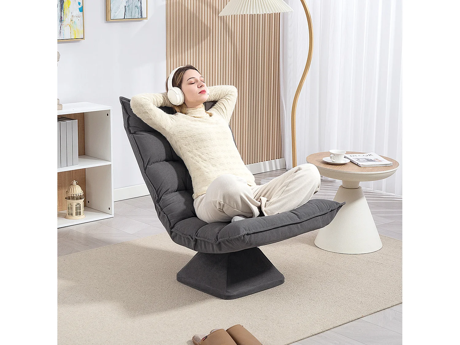 Fauteuil relax grand confort pivotant inclinaison réglable 5 niv. épais garnissage mousse haute densité tissu velours microfibre gris