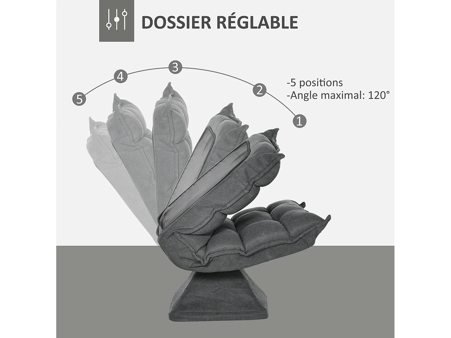 Fauteuil relax grand confort pivotant inclinaison réglable 5 niv. épais garnissage mousse haute densité tissu velours microfibre gris