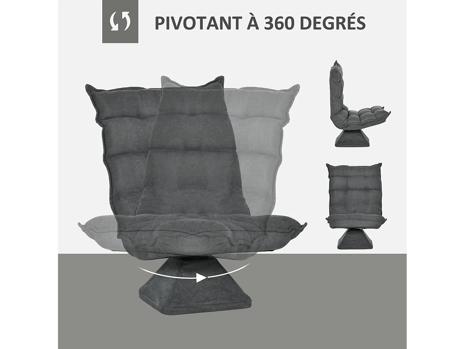 Fauteuil relax grand confort pivotant inclinaison réglable 5 niv. épais garnissage mousse haute densité tissu velours microfibre gris