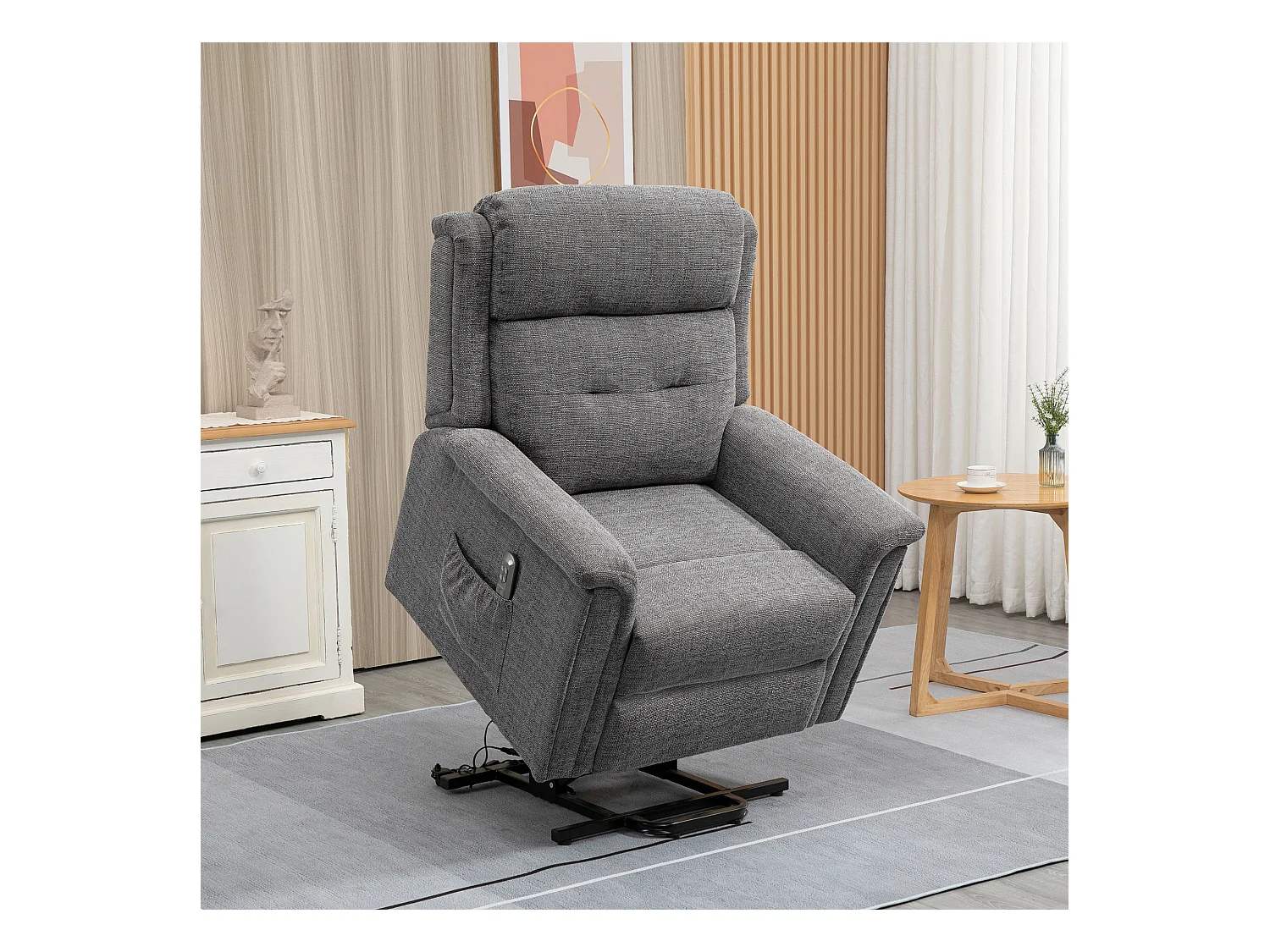 Fauteuil releveur électrique inclinable - repose-pied ajustable - télécommande - Fauteuil de relaxation - tissu polyester aspect lin gris chiné