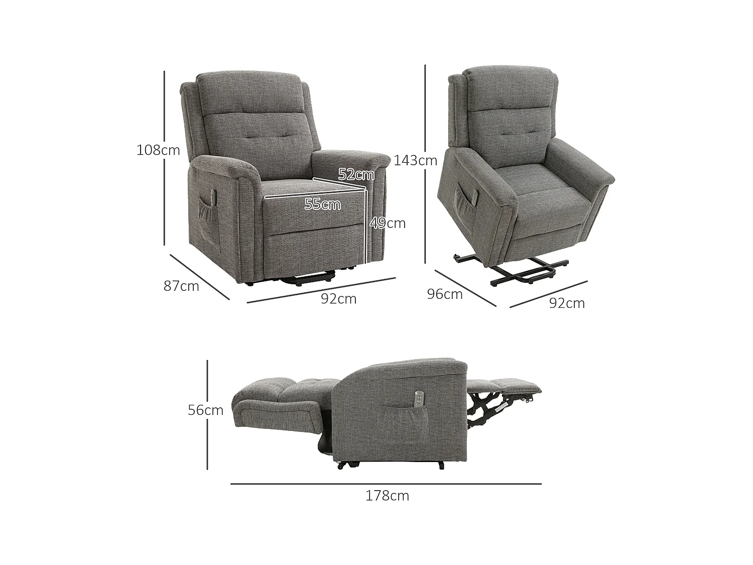 Fauteuil releveur électrique inclinable - repose-pied ajustable - télécommande - Fauteuil de relaxation - tissu polyester aspect lin gris chiné