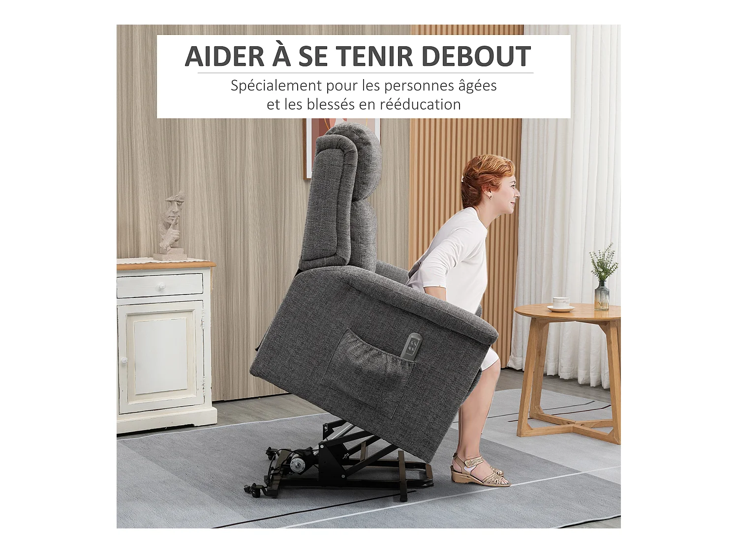 Fauteuil releveur électrique inclinable - repose-pied ajustable - télécommande - Fauteuil de relaxation - tissu polyester aspect lin gris chiné