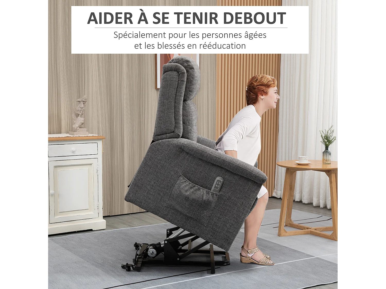 Fauteuil releveur électrique inclinable - repose-pied ajustable - télécommande - Fauteuil de relaxation - tissu polyester aspect lin gris chiné