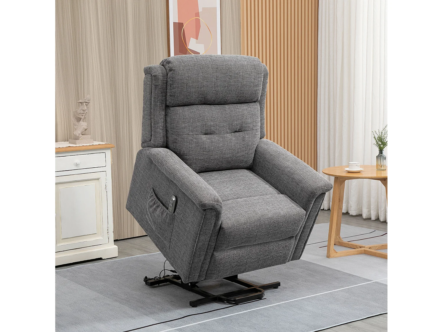 Fauteuil releveur électrique inclinable - repose-pied ajustable - télécommande - Fauteuil de relaxation - tissu polyester aspect lin gris chiné