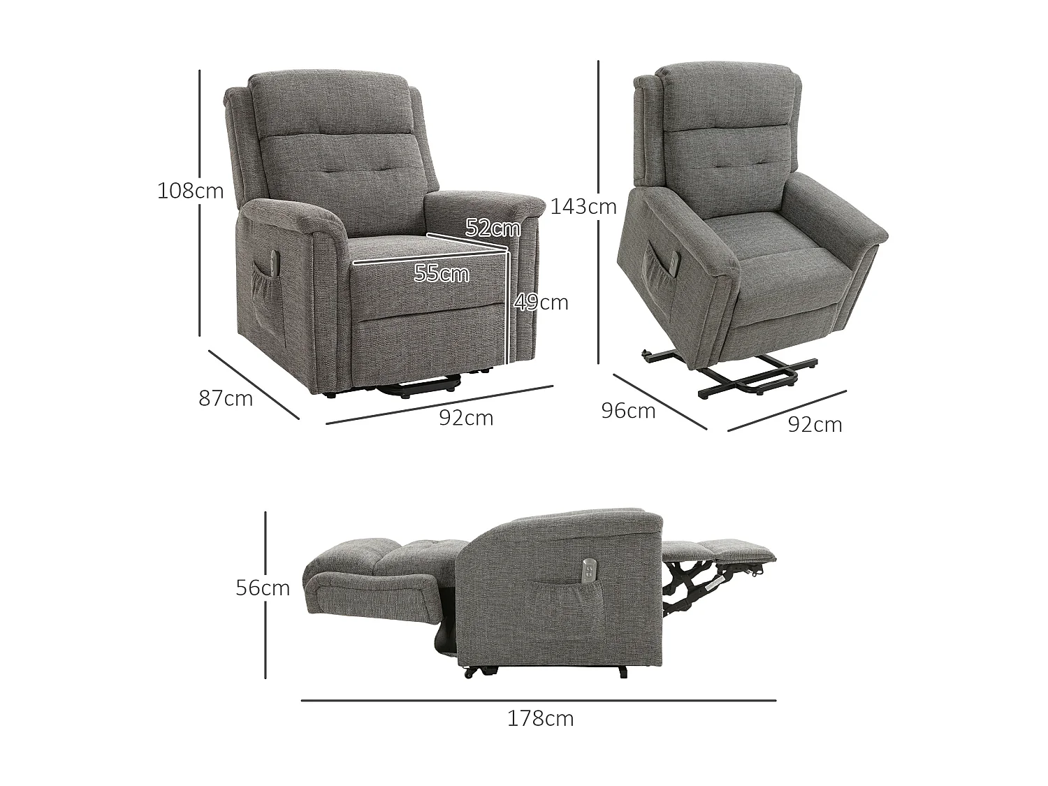 Fauteuil releveur électrique inclinable - repose-pied ajustable - télécommande - Fauteuil de relaxation - tissu polyester aspect lin gris chiné