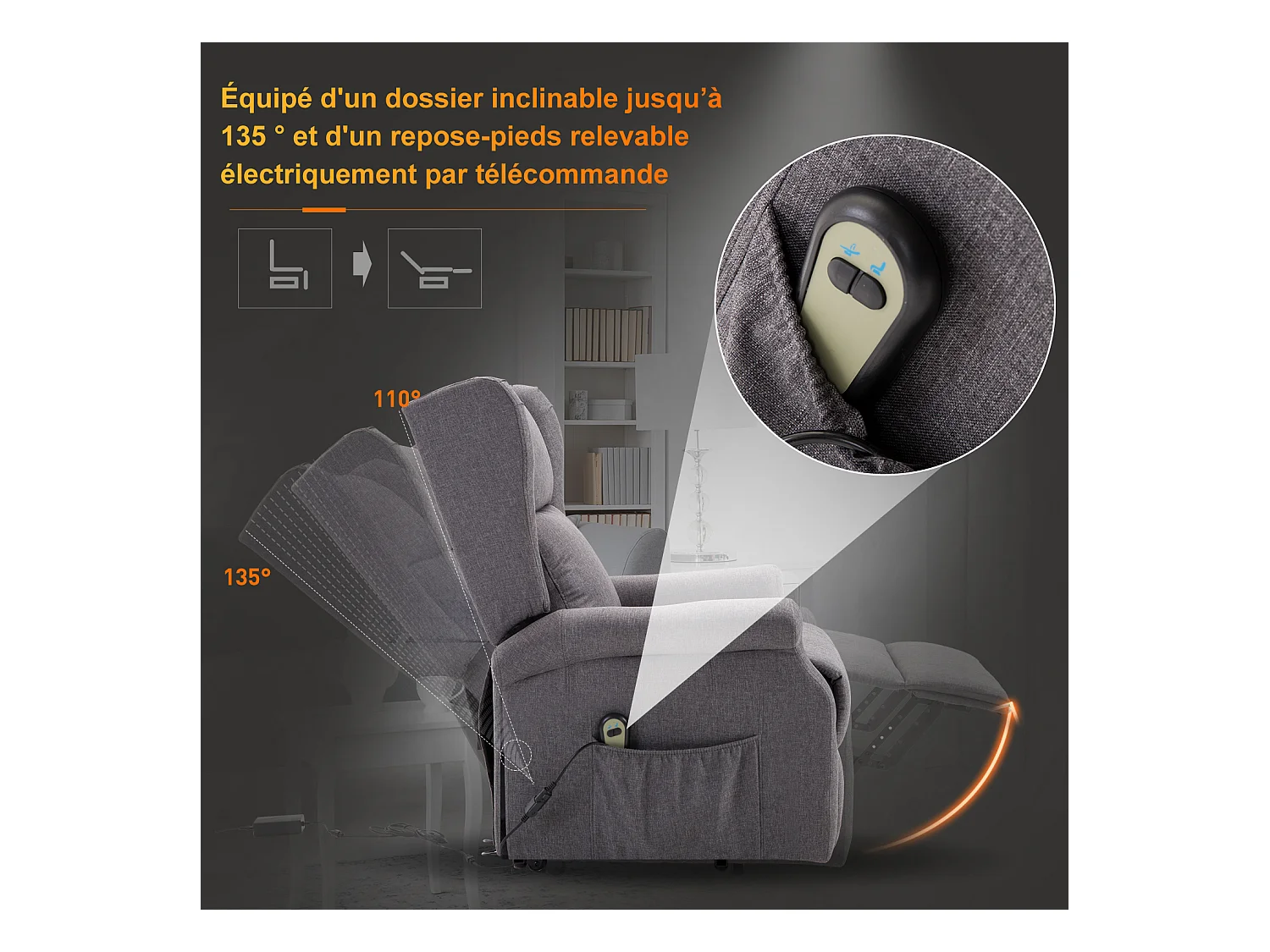 Fauteuil de relaxation électrique fauteuil releveur inclinable avec repose-pied ajustable lin gris chiné