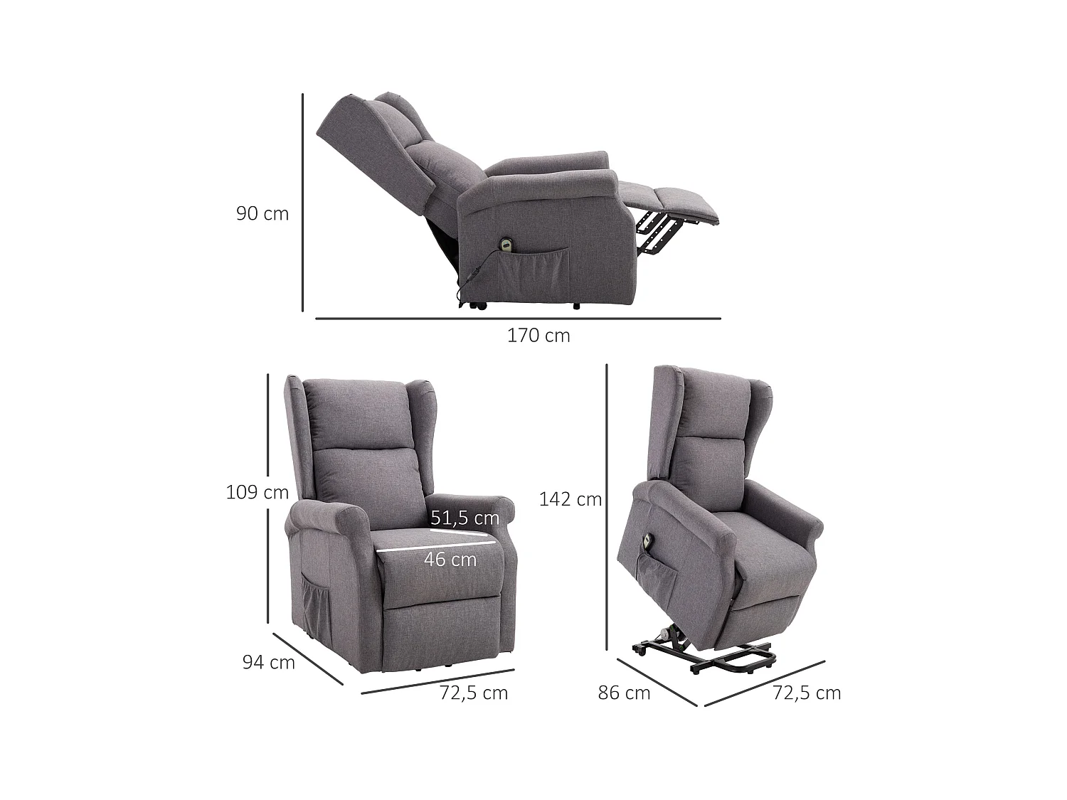 Fauteuil de relaxation électrique fauteuil releveur inclinable avec repose-pied ajustable lin gris chiné
