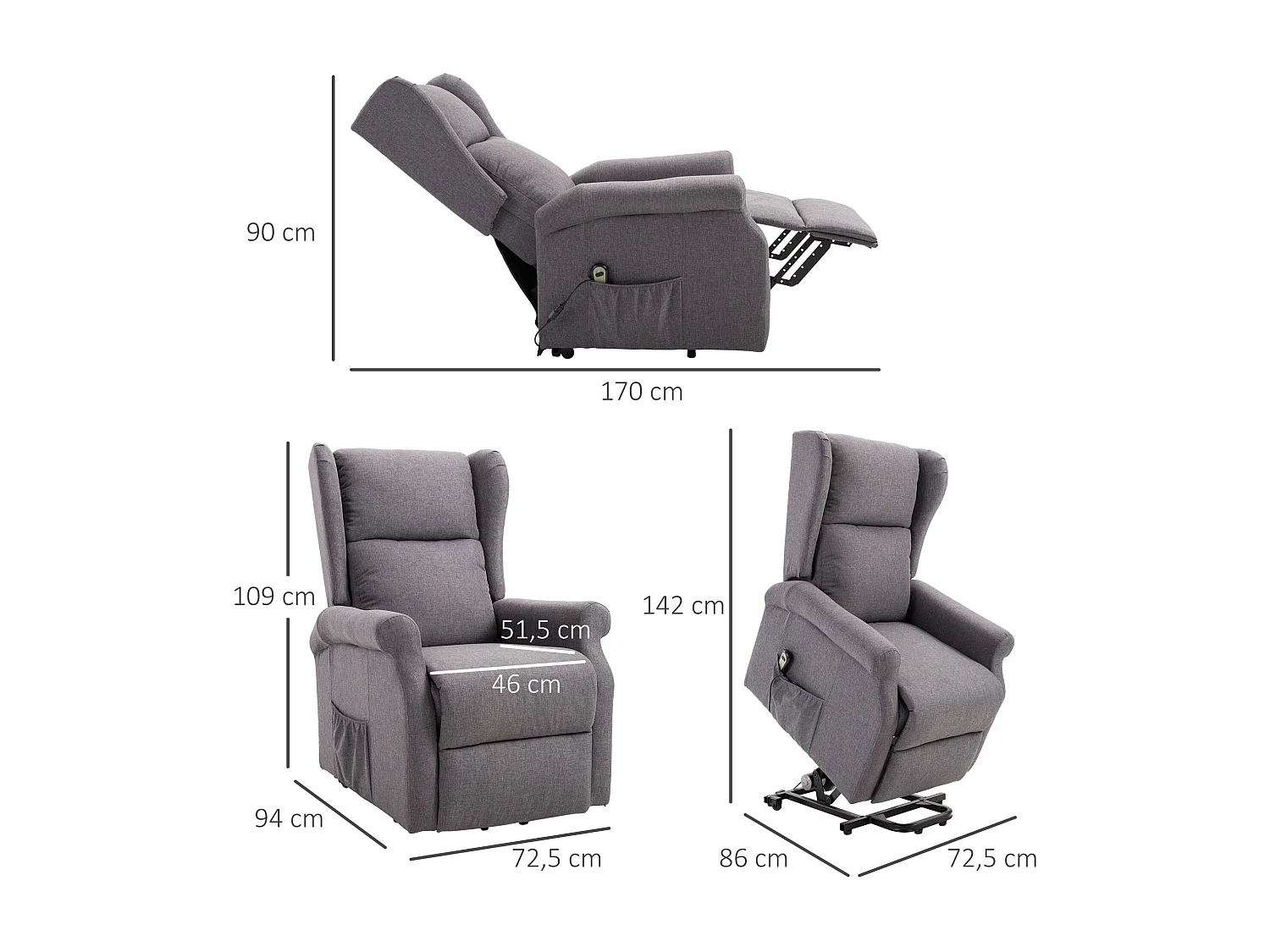 Fauteuil de relaxation électrique fauteuil releveur inclinable avec repose-pied ajustable lin gris chiné