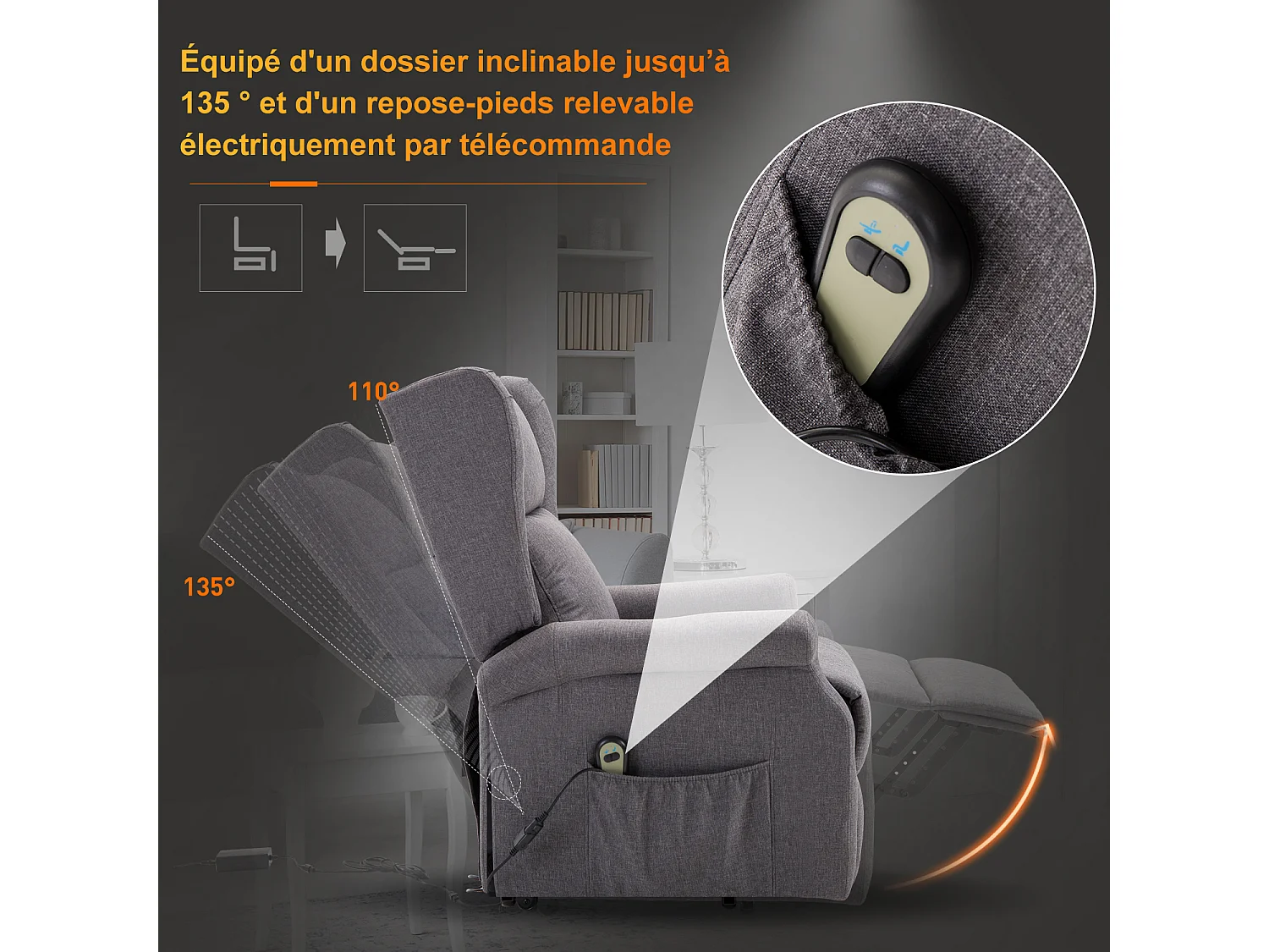 Fauteuil de relaxation électrique fauteuil releveur inclinable avec repose-pied ajustable lin gris chiné
