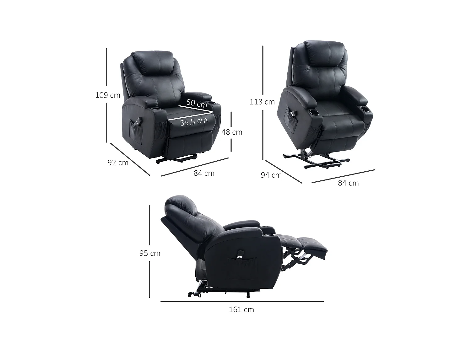 Fauteuil releveur électrique fauteuil de relaxation inclinable repose-pied relevable grand confort télécommande revêtement synthétique noir