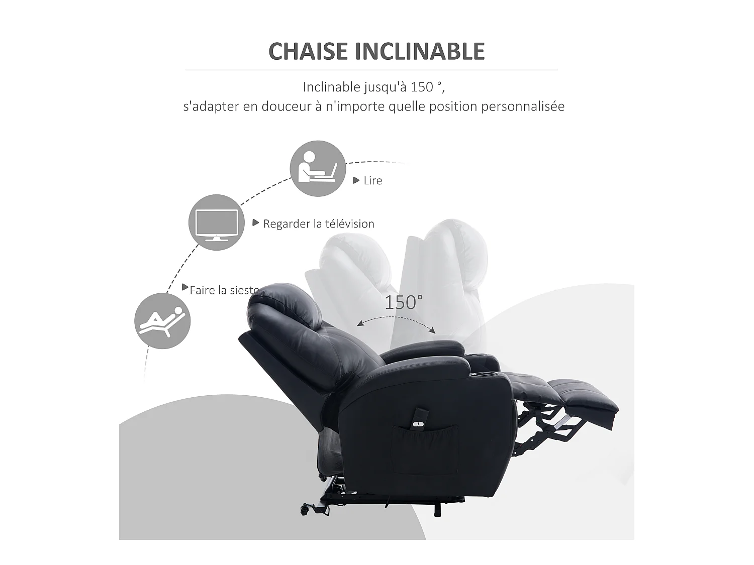 Fauteuil releveur électrique fauteuil de relaxation inclinable repose-pied relevable grand confort télécommande revêtement synthétique noir