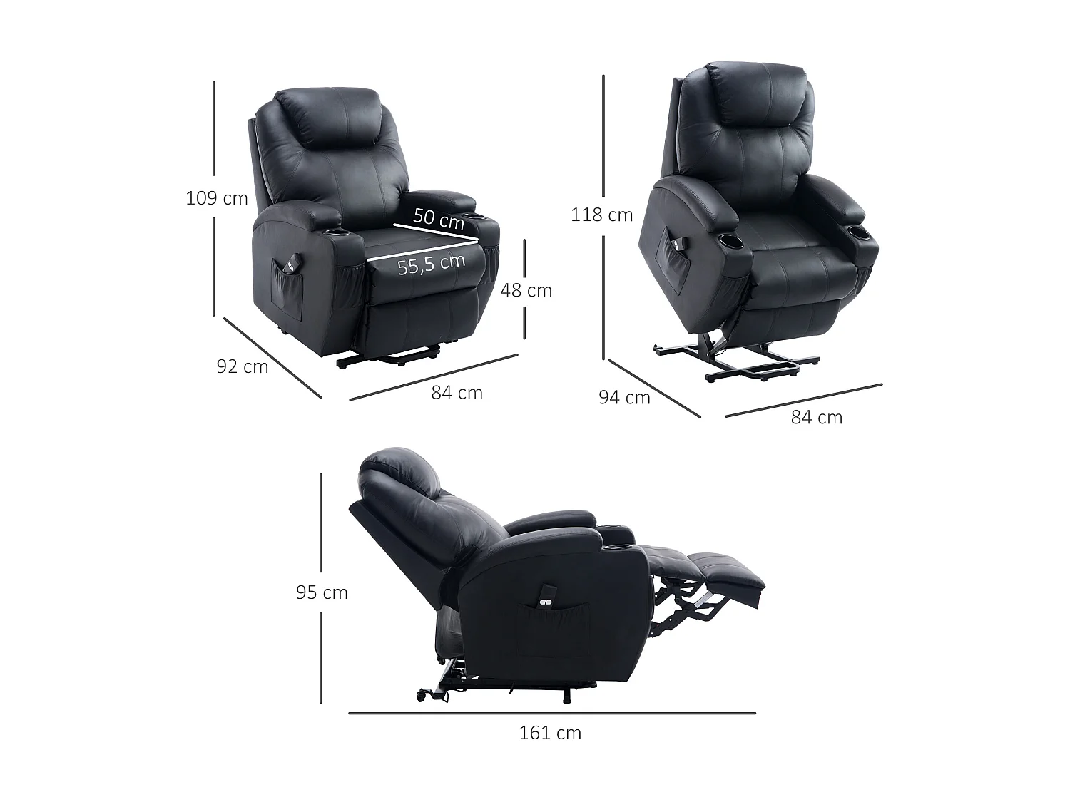 Fauteuil releveur électrique fauteuil de relaxation inclinable repose-pied relevable grand confort télécommande revêtement synthétique noir
