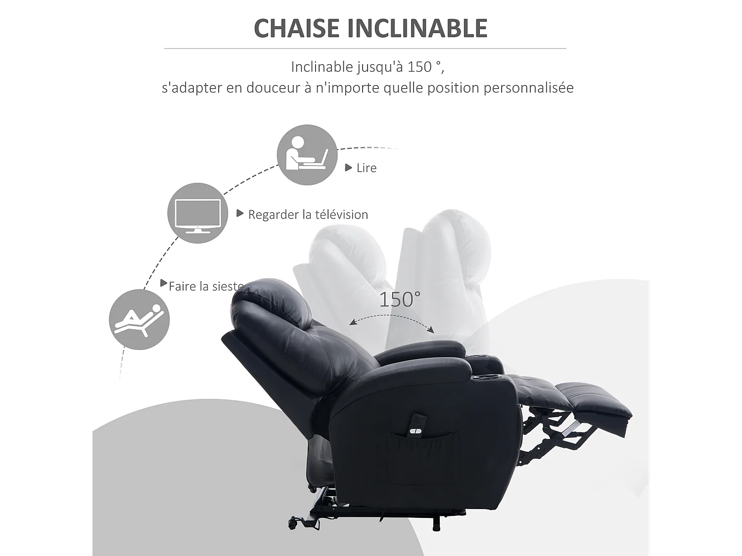 Fauteuil releveur électrique fauteuil de relaxation inclinable repose-pied relevable grand confort télécommande revêtement synthétique noir