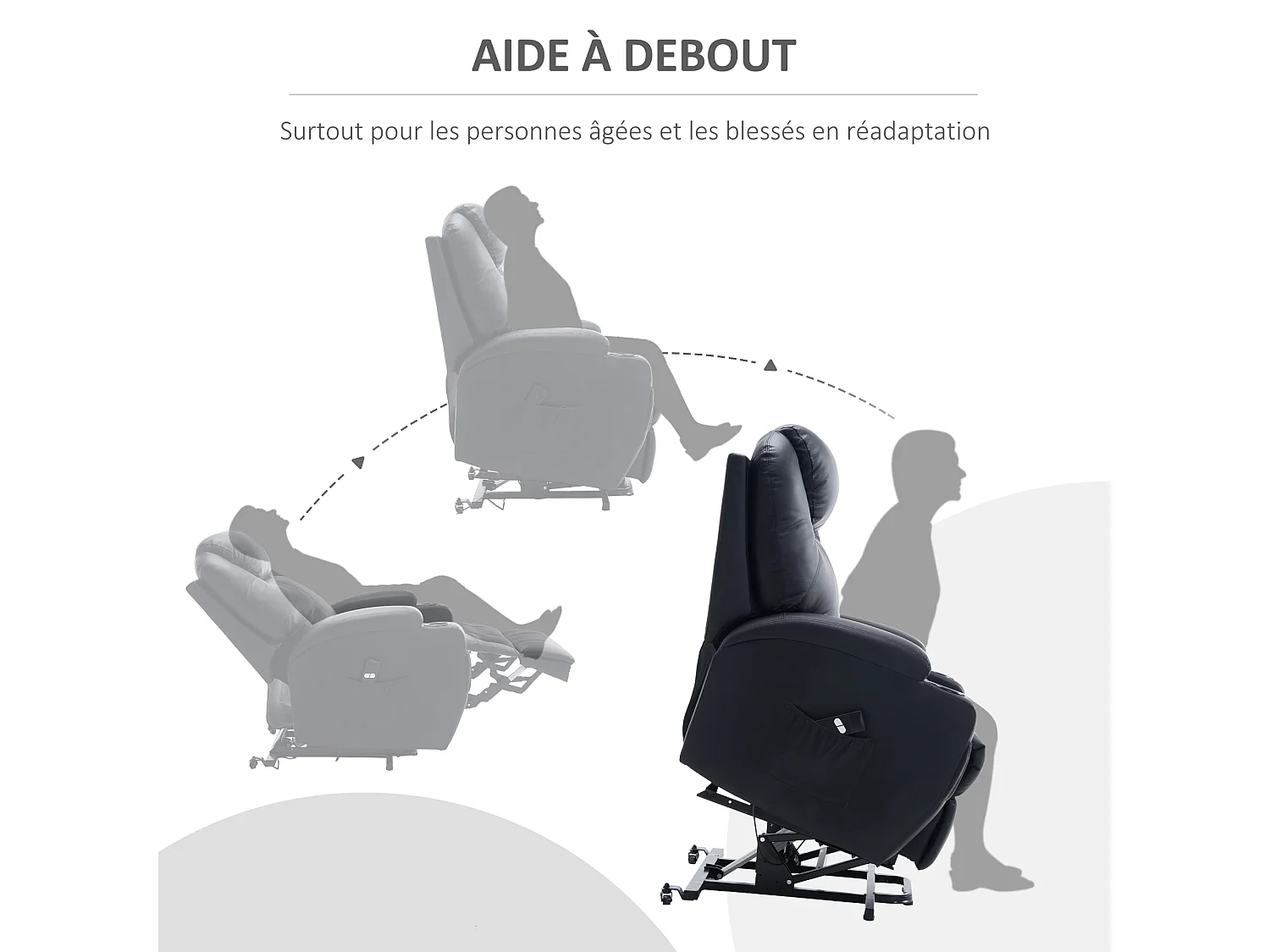 Fauteuil releveur électrique fauteuil de relaxation inclinable repose-pied relevable grand confort télécommande revêtement synthétique noir