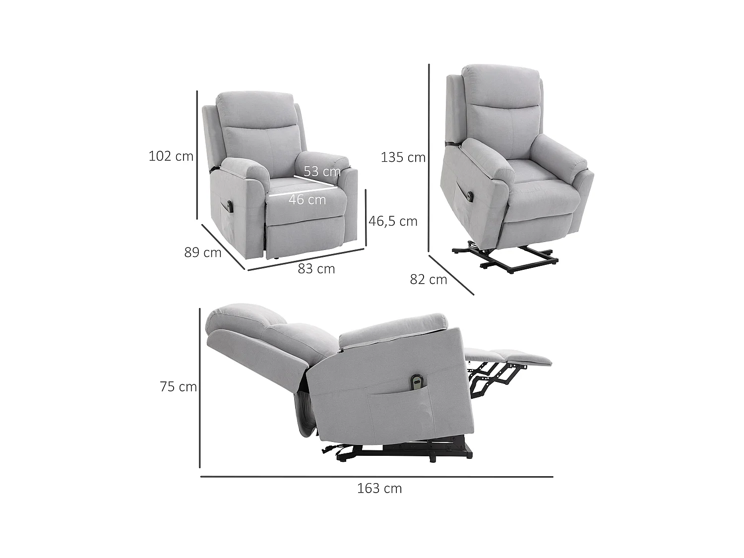 Fauteuil de relaxation électrique - fauteuil releveur inclinable avec repose-pied ajustable et télécommande - tissu aspect lin gris clair