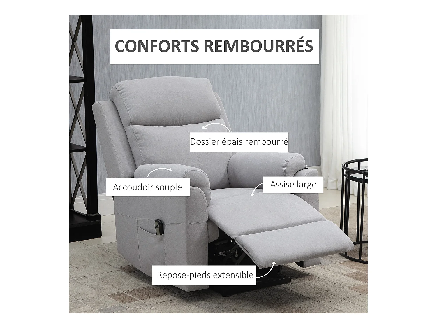 Fauteuil de relaxation électrique - fauteuil releveur inclinable avec repose-pied ajustable et télécommande - tissu aspect lin gris clair