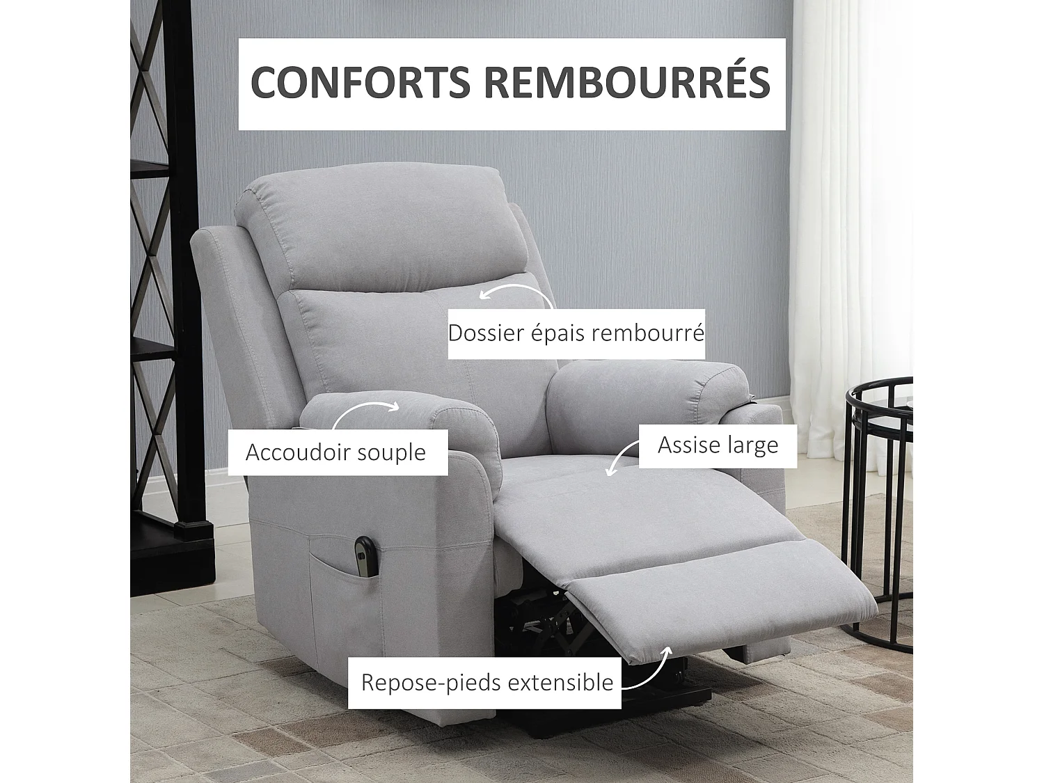 Fauteuil de relaxation électrique - fauteuil releveur inclinable avec repose-pied ajustable et télécommande - tissu aspect lin gris clair