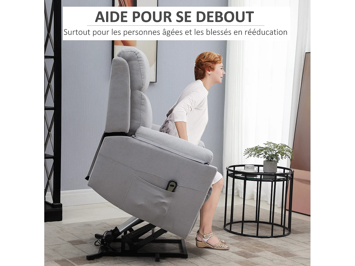 Fauteuil de relaxation électrique - fauteuil releveur inclinable avec repose-pied ajustable et télécommande - tissu aspect lin gris clair