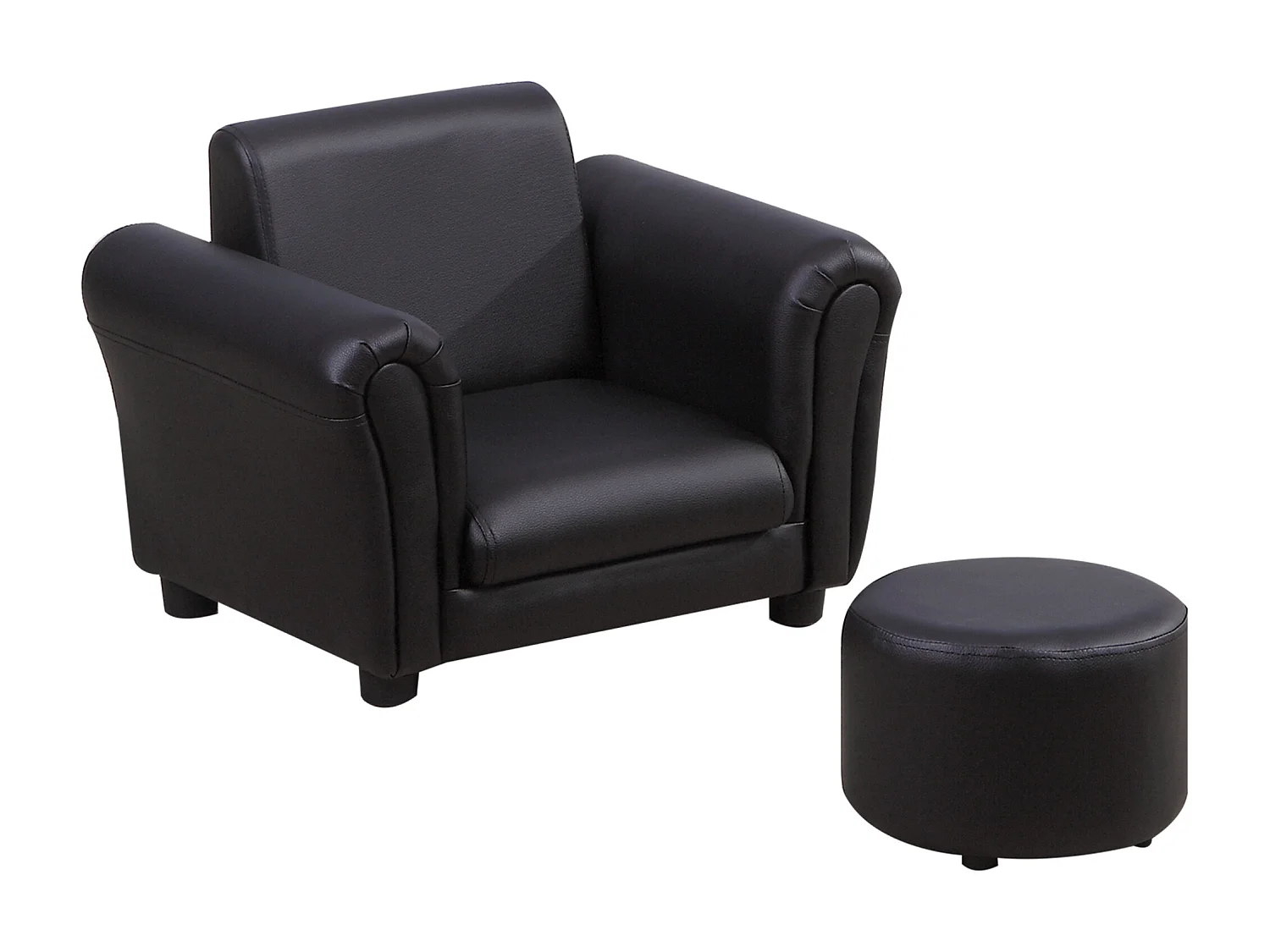 Ensemble fauteuil et pouf enfant style contemporain structure bois revêtement synthétique PVC noir