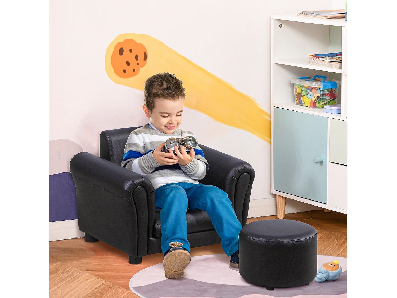 Ensemble fauteuil et pouf enfant style contemporain structure bois revêtement synthétique PVC noir