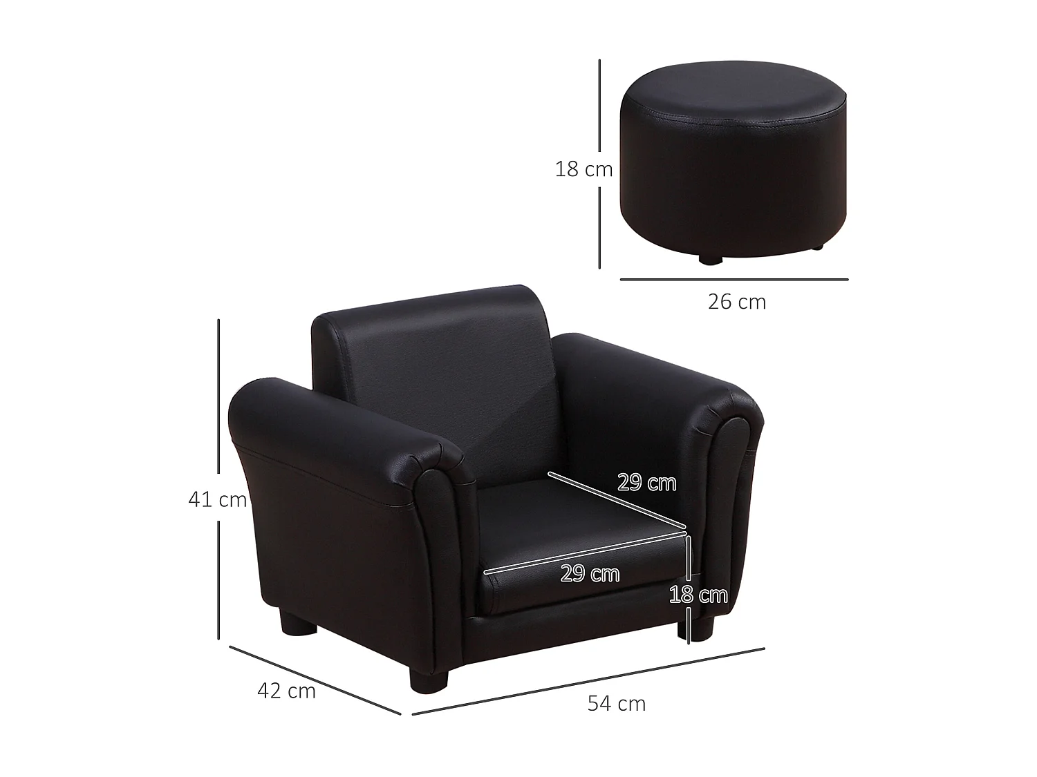 Ensemble fauteuil et pouf enfant style contemporain structure bois revêtement synthétique PVC noir
