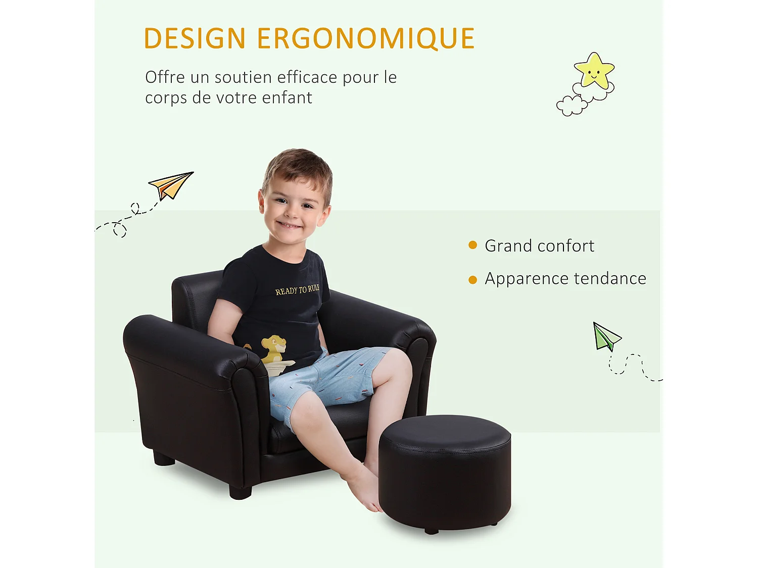Ensemble fauteuil et pouf enfant style contemporain structure bois revêtement synthétique PVC noir