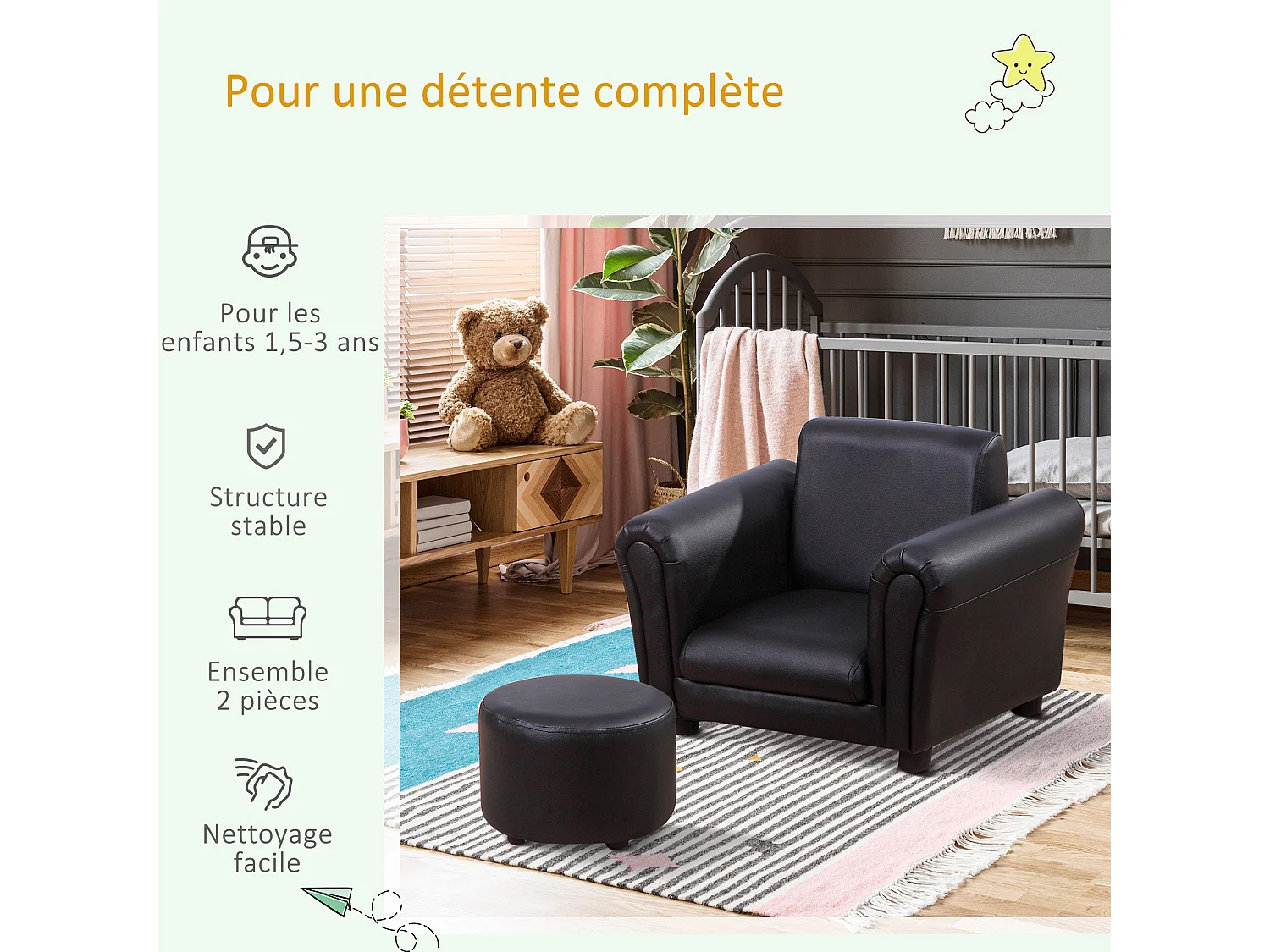 Ensemble fauteuil et pouf enfant style contemporain structure bois revêtement synthétique PVC noir