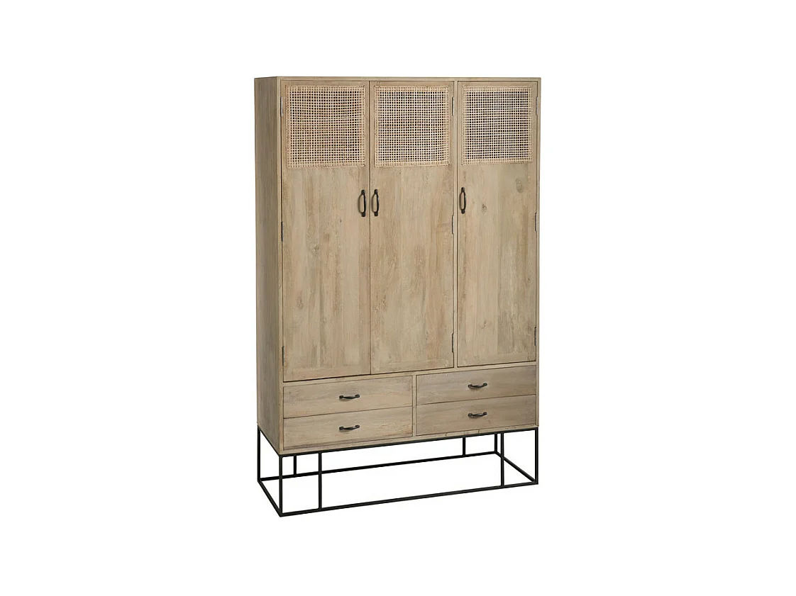 Armoire 3 portes 4 tiroirs en Rotin/Bois/Métal - DALIA