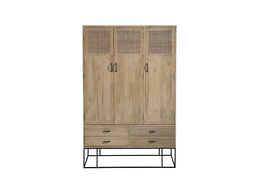 Armoire 3 portes 4 tiroirs en Rotin/Bois/Métal - DALIA