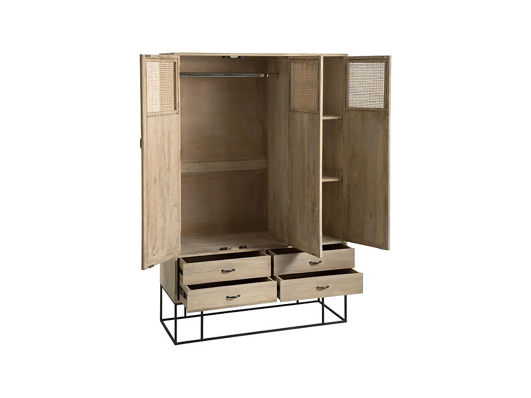 Armoire 3 portes 4 tiroirs en Rotin/Bois/Métal - DALIA