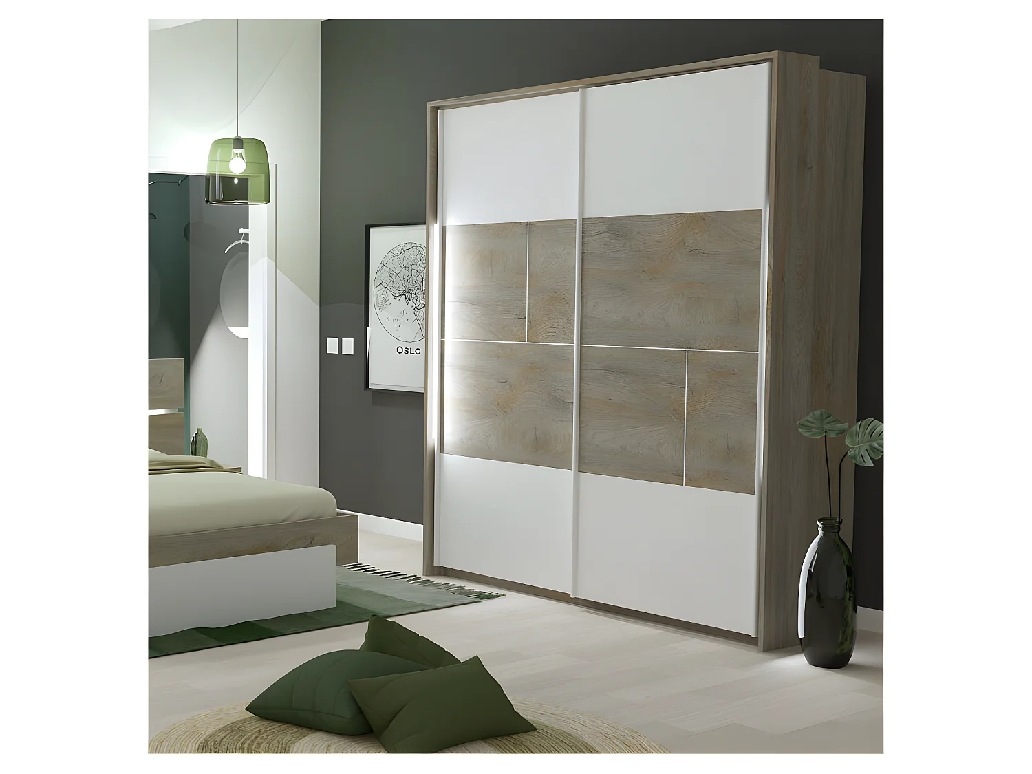 Armoire 2 portes coulissantes à LEDs Chêne délavé/Blanc mat - FLORINE