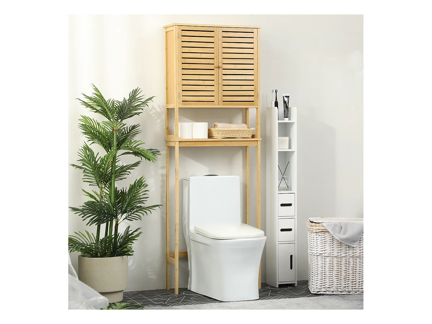 Meuble WC meuble dessus toilettes style cosy dim. 60L x 23l x 173H cm portes à lattes étagère bambou MDF aspect bois clair