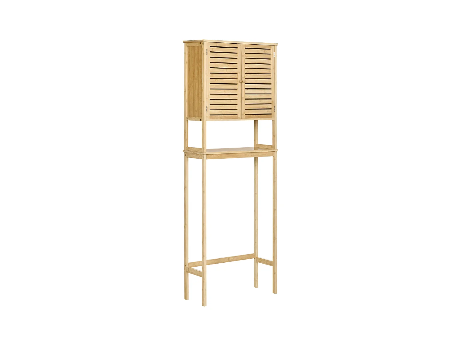 Meuble WC meuble dessus toilettes style cosy dim. 60L x 23l x 173H cm portes à lattes étagère bambou MDF aspect bois clair