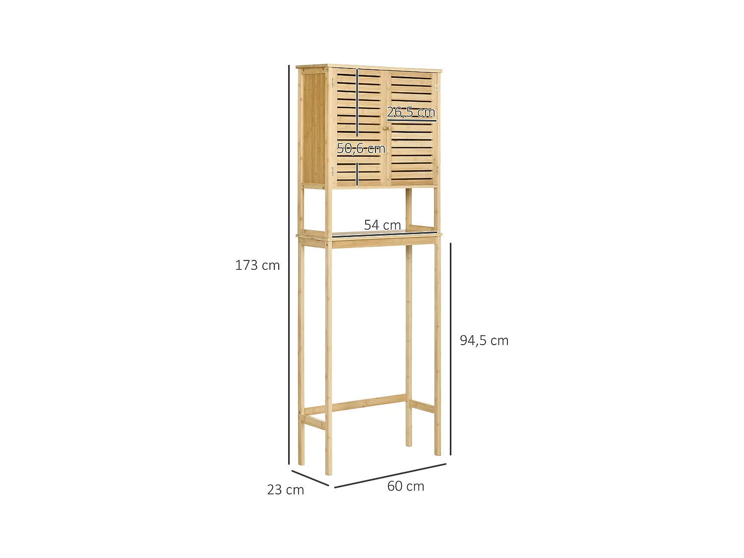Meuble WC meuble dessus toilettes style cosy dim. 60L x 23l x 173H cm portes à lattes étagère bambou MDF aspect bois clair