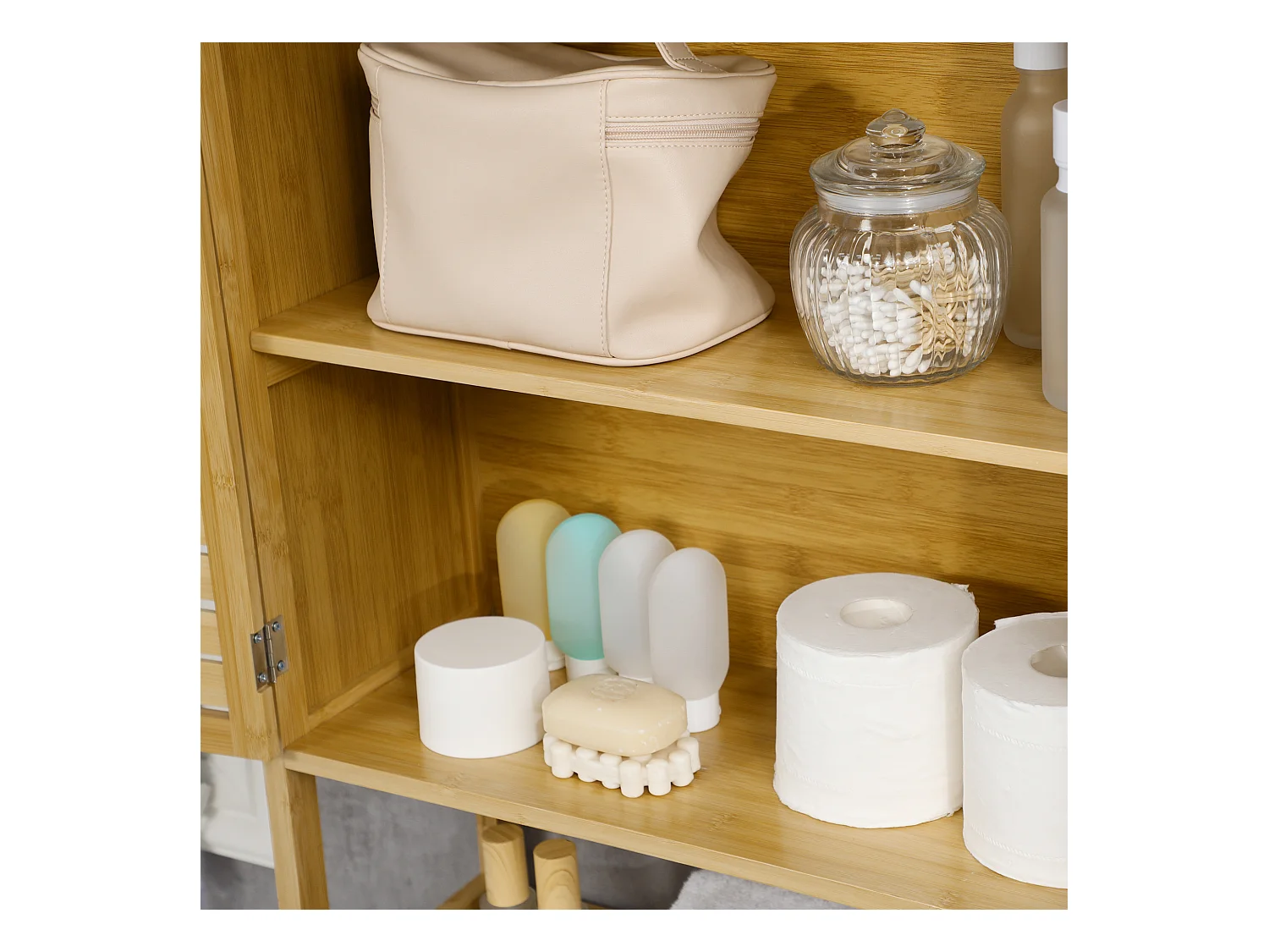 Meuble WC meuble dessus toilettes style cosy dim. 60L x 23l x 173H cm portes à lattes étagère bambou MDF aspect bois clair