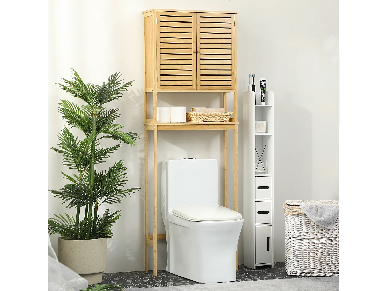 Meuble WC meuble dessus toilettes style cosy dim. 60L x 23l x 173H cm portes à lattes étagère bambou MDF aspect bois clair