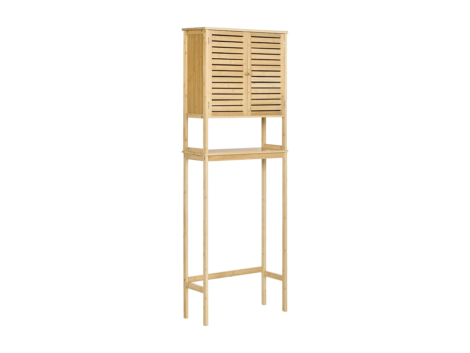Meuble WC meuble dessus toilettes style cosy dim. 60L x 23l x 173H cm portes à lattes étagère bambou MDF aspect bois clair