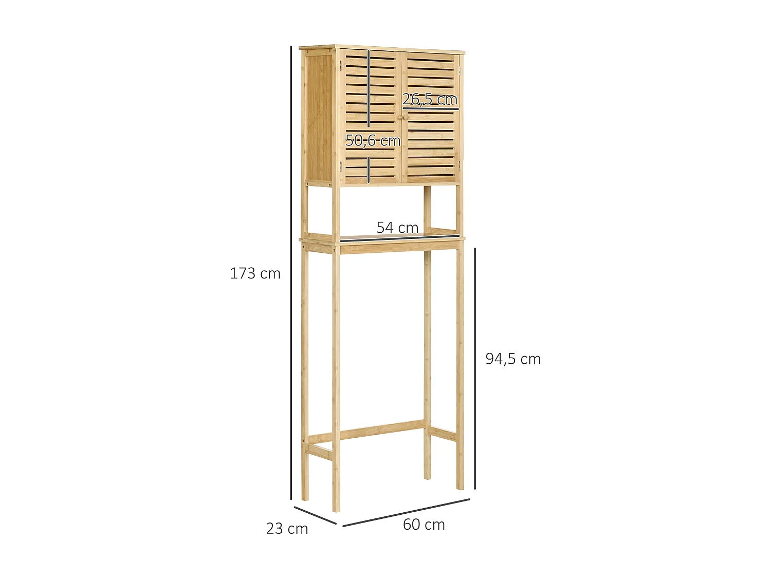 Meuble WC meuble dessus toilettes style cosy dim. 60L x 23l x 173H cm portes à lattes étagère bambou MDF aspect bois clair