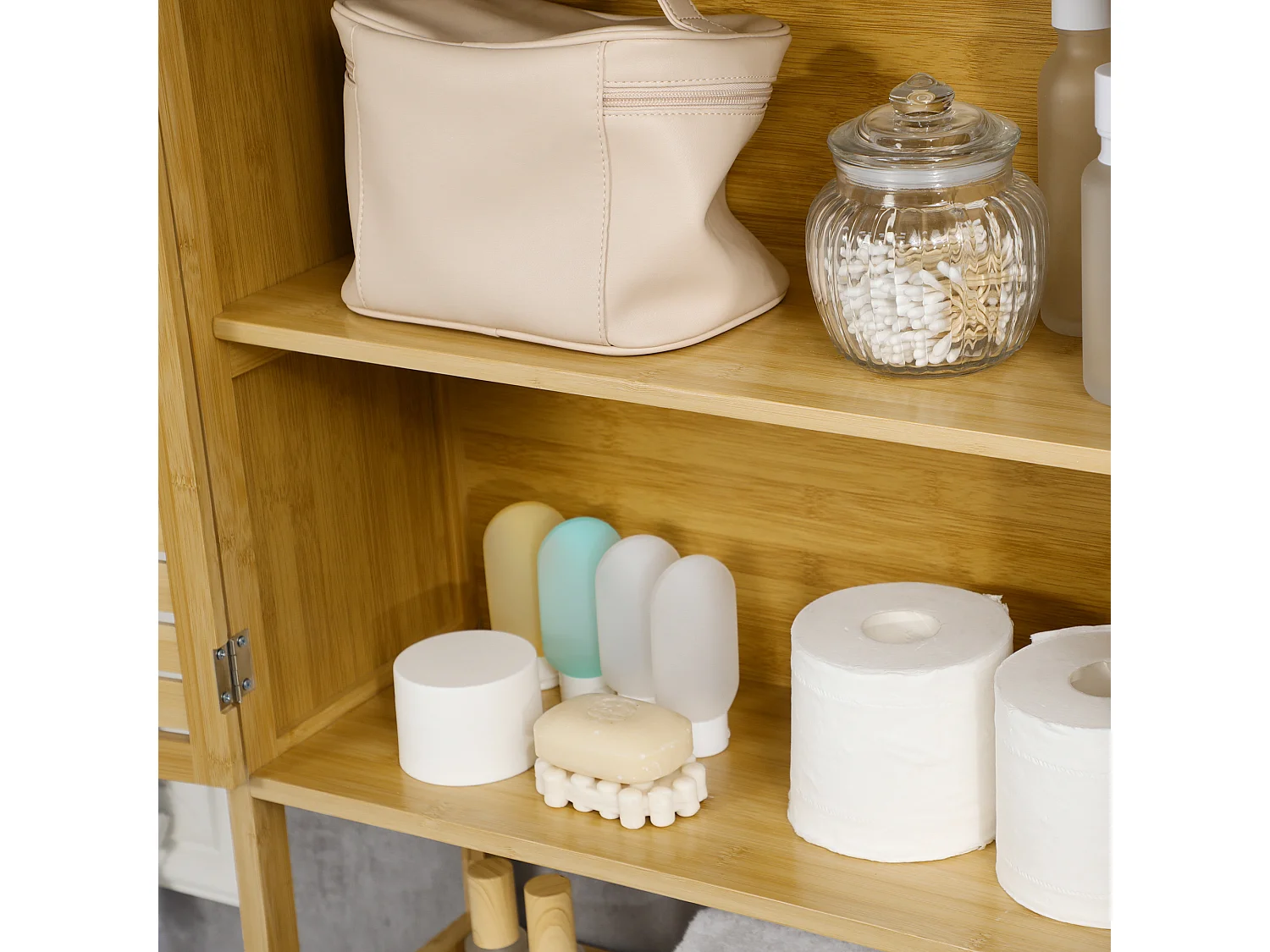 Meuble WC meuble dessus toilettes style cosy dim. 60L x 23l x 173H cm portes à lattes étagère bambou MDF aspect bois clair