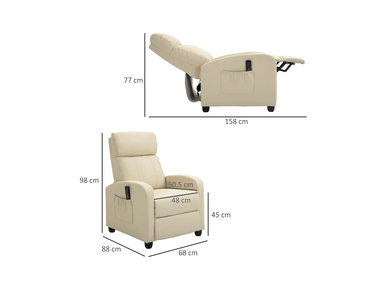 Fauteuil de relaxation et massage inclinaison dossier repose-pied réglable revêtement synthétique crème