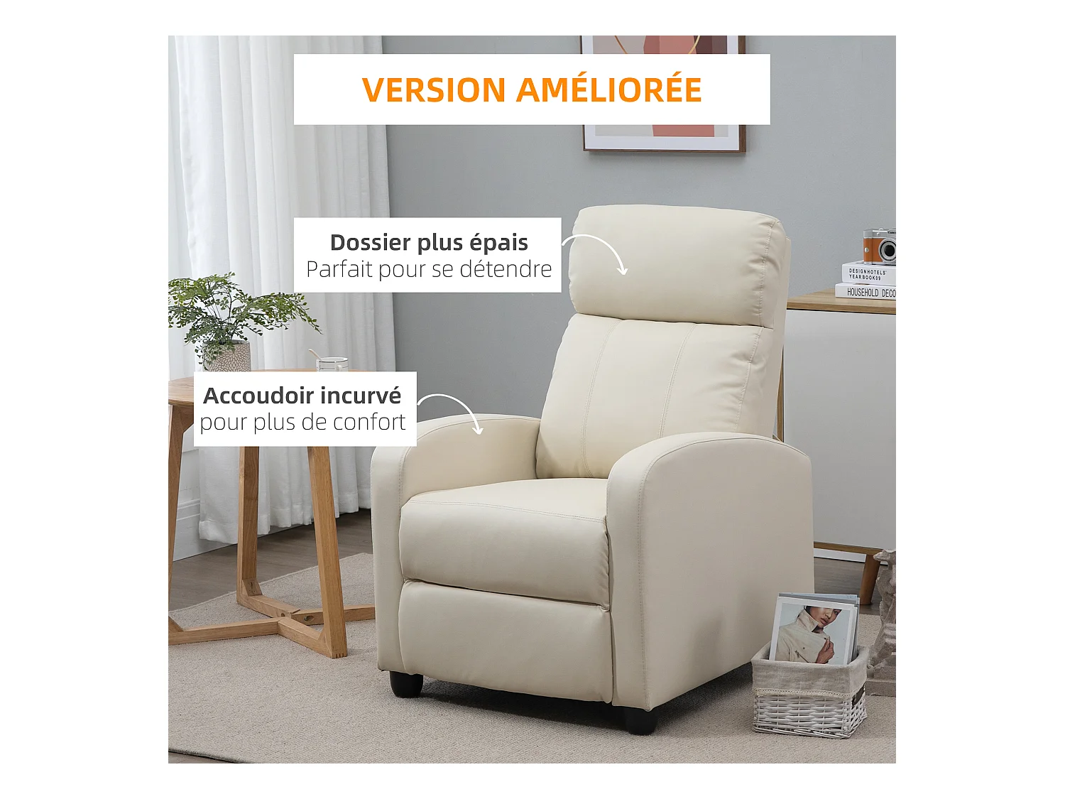Fauteuil de relaxation et massage inclinaison dossier repose-pied réglable revêtement synthétique crème