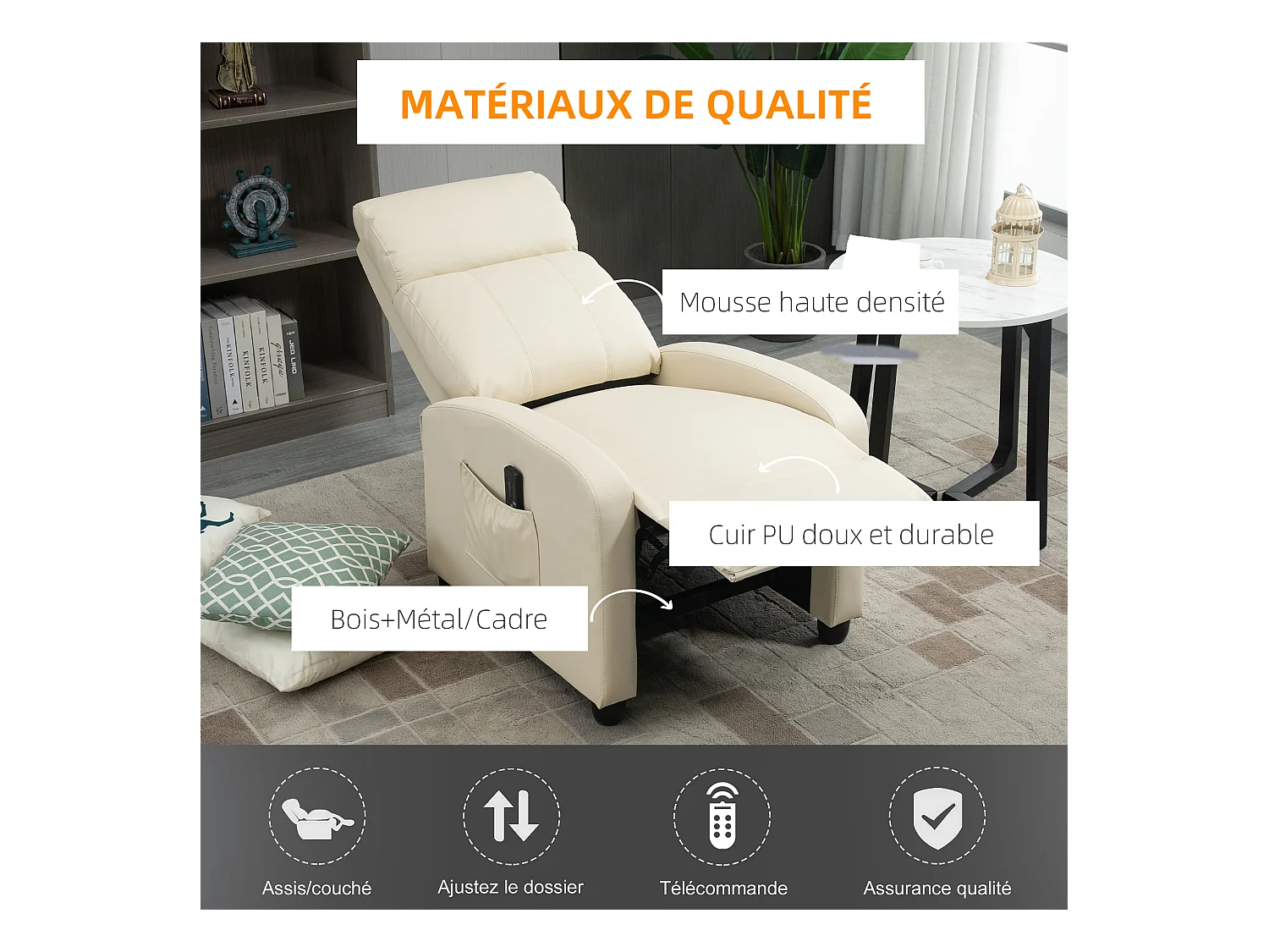 Fauteuil de relaxation et massage inclinaison dossier repose-pied réglable revêtement synthétique crème