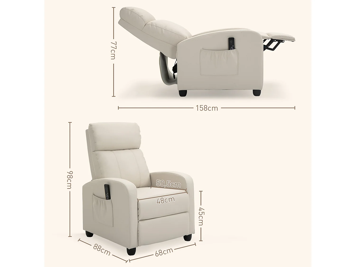Fauteuil de relaxation et massage inclinaison dossier repose-pied réglable revêtement synthétique crème