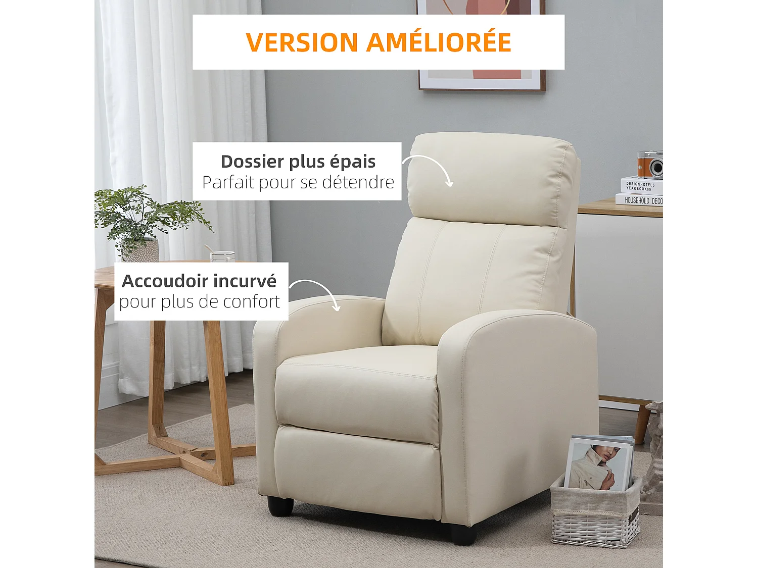 Fauteuil de relaxation et massage inclinaison dossier repose-pied réglable revêtement synthétique crème