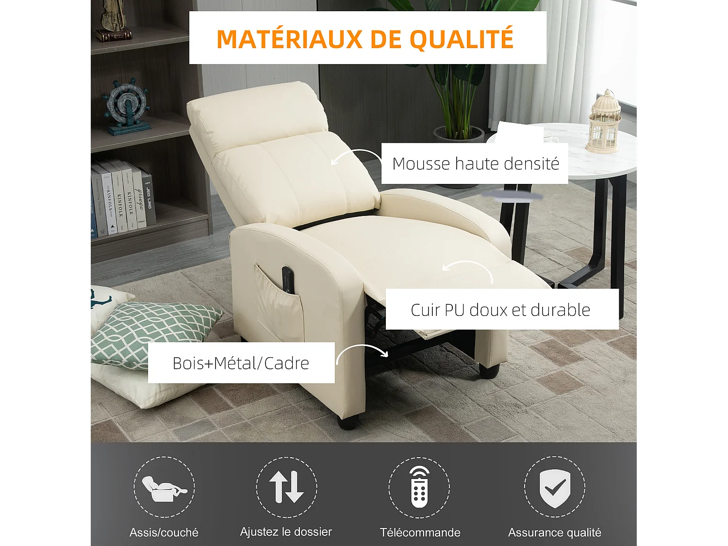 Fauteuil de relaxation et massage inclinaison dossier repose-pied réglable revêtement synthétique crème