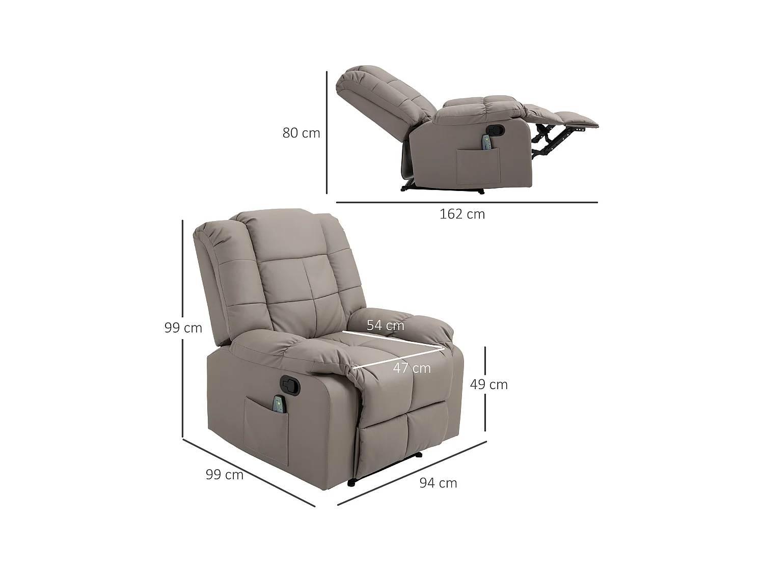 Fauteuil luxe de relaxation et massage inclinaison dossier repose-pied réglable revêtement synthétique gris