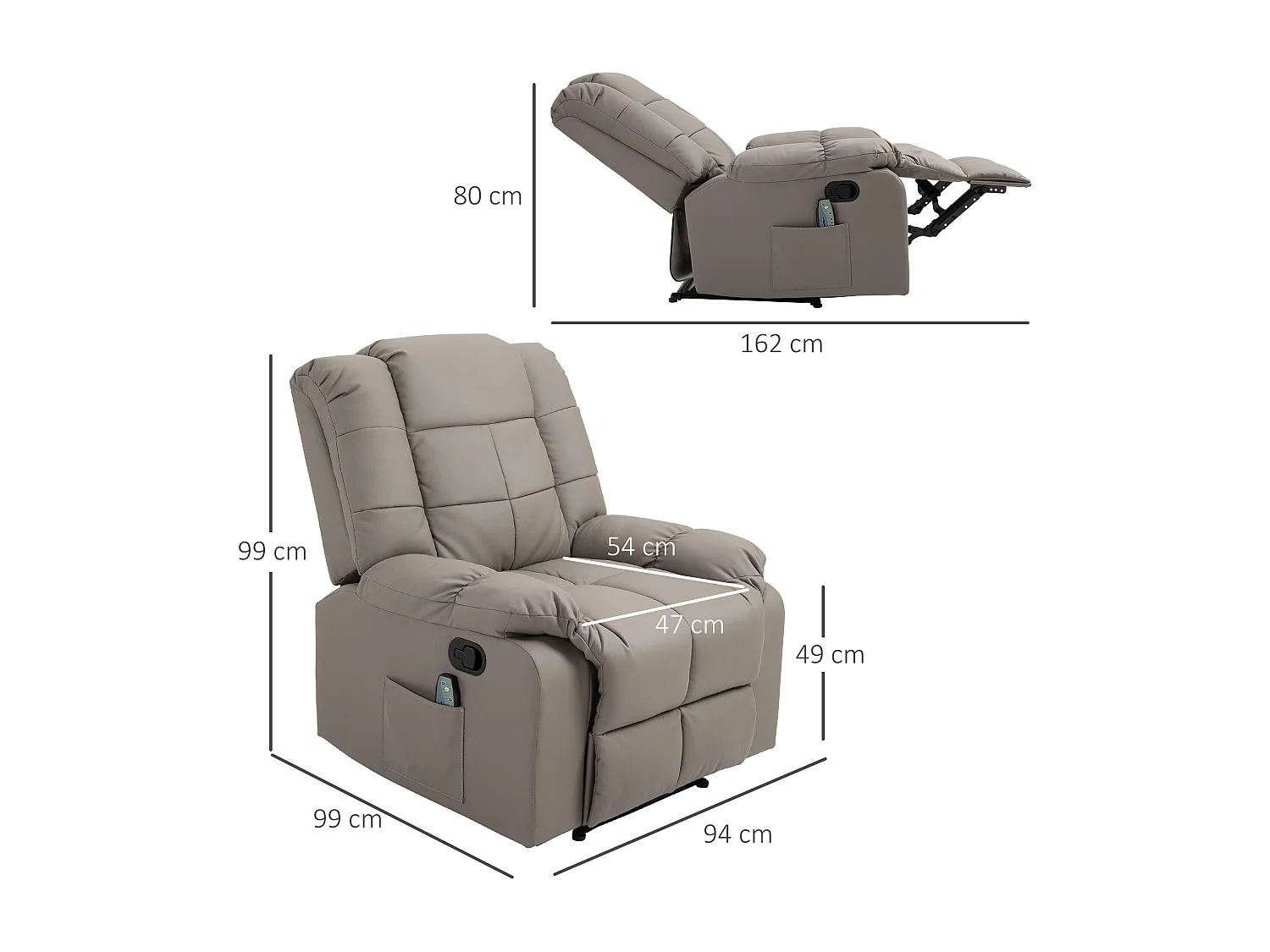 Fauteuil luxe de relaxation et massage inclinaison dossier repose-pied réglable revêtement synthétique gris