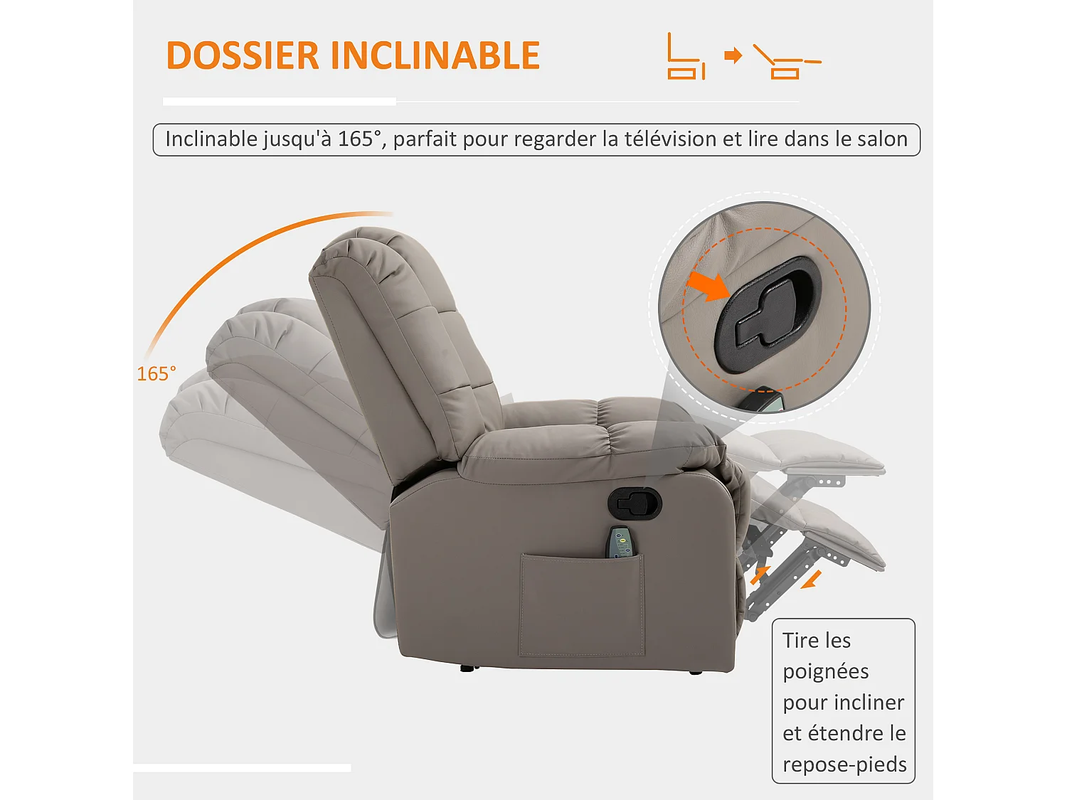 Fauteuil luxe de relaxation et massage inclinaison dossier repose-pied réglable revêtement synthétique gris