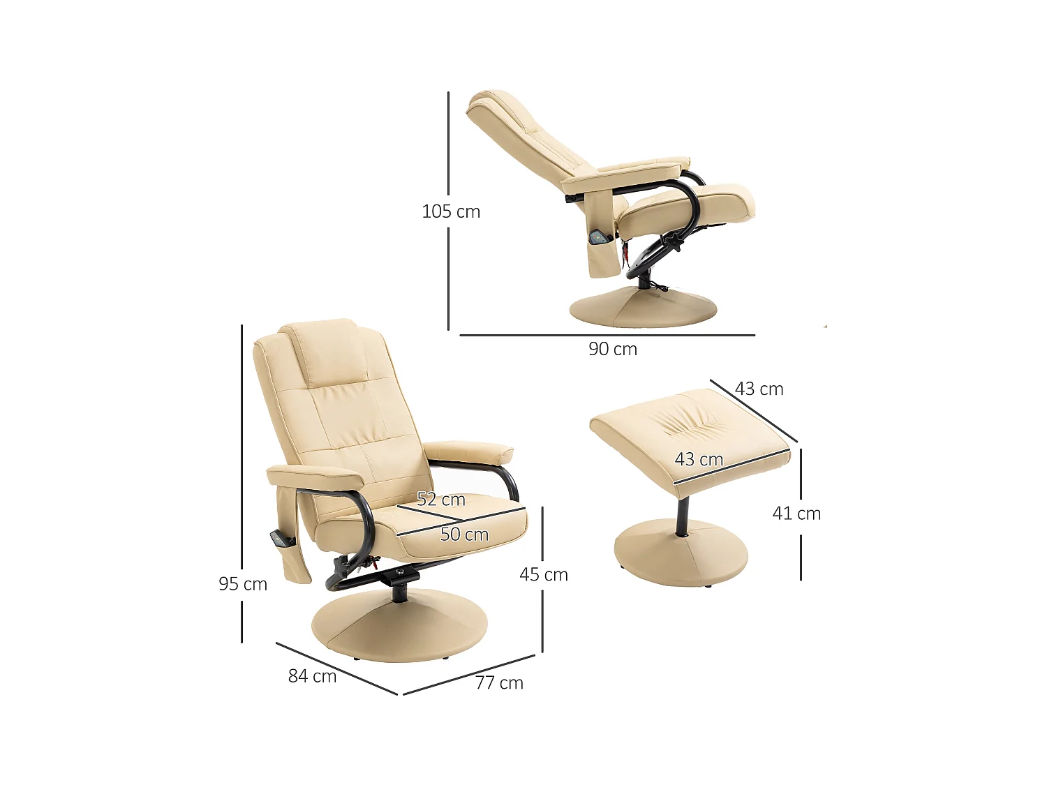 Fauteuil de massage et relaxation électrique pivotant inclinable avec repose-pied revêtement synthétique beige