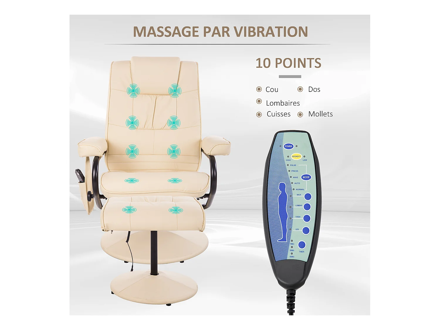 Fauteuil de massage et relaxation électrique pivotant inclinable avec repose-pied revêtement synthétique beige